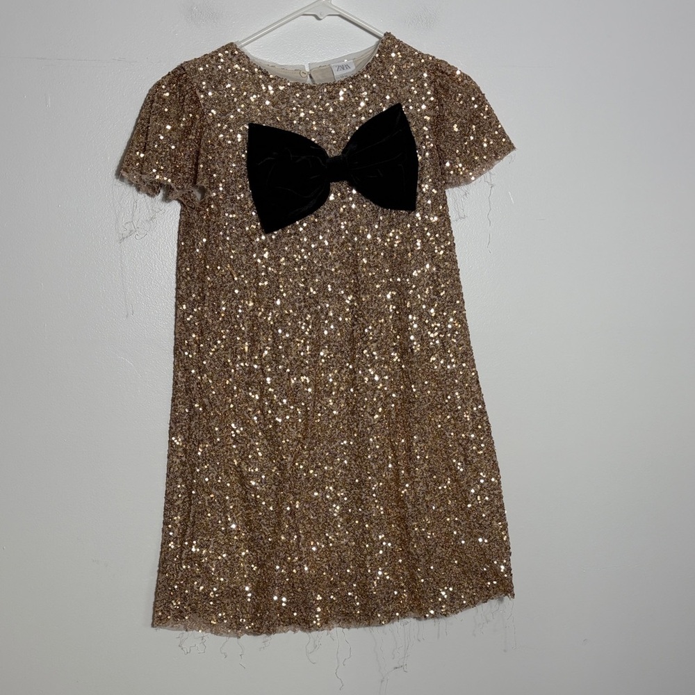 Zara Girls Sparkling Gold Dress with Black Bow Size 13-14